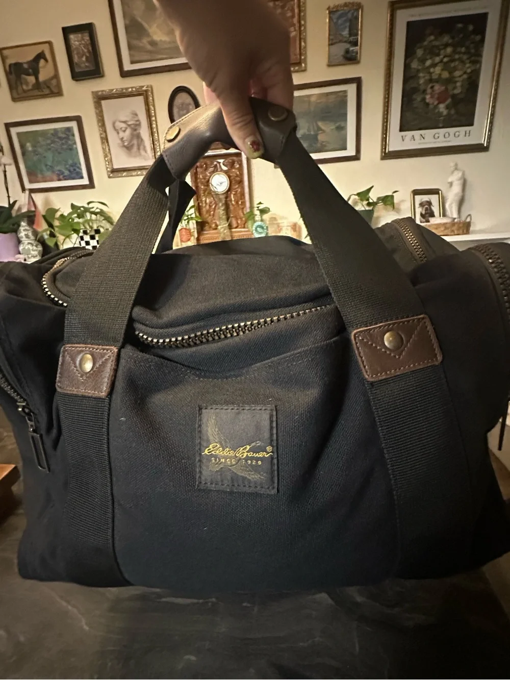 Eddie Bauer Black Canvas Duffel with Brown Leather Trim
